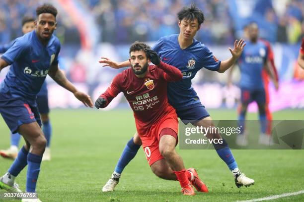 Matias Vargas of Shanghai Port drives the ball during the 2024 Chinese Football Association Super Cup between Shanghai Port and Shanghai Shenhua at...