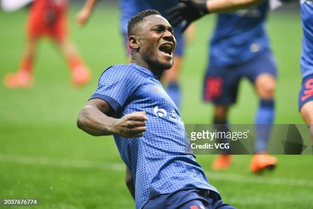 Cephas Malele of Shanghai Shenhua celebrates scoring a goal during the 2024 Chinese Football Association Super Cup between Shanghai Port and Shanghai...