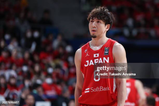 Makoto Hiejima of Japan looks on during the FIBA Basketball Asia Cup qualifier Group C game between Japan and China at Ariake Coliseum on February...