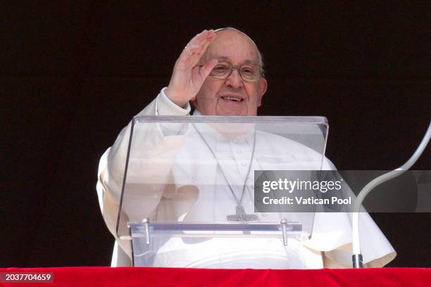 Pope Francis delivers his Sunday Angelus blessing from his studio overlooking St. Peter's Square on February 25, 2024 in Vatican City, Vatican. In...