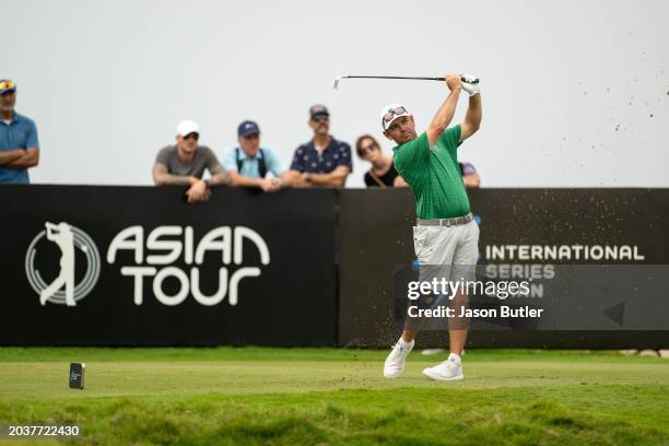 Louis Oosthuizen of South Africa tees off on hole 8 during the final round of the International Series Oman at Al Mouj Golf on February 25, 2024 in...