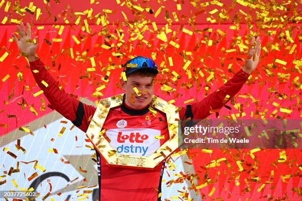 Lennert van Eetvelt of Belgium and Team Lotto Dstny celebrates at podium as final overall Red Leader Jersey winner during the 6th UAE Tour 2024,...