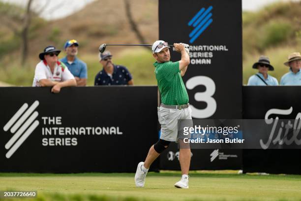 Louis Oosthuizen of South Africa tees off on hole 3 during the final round of the International Series Oman at Al Mouj Golf on February 25, 2024 in...