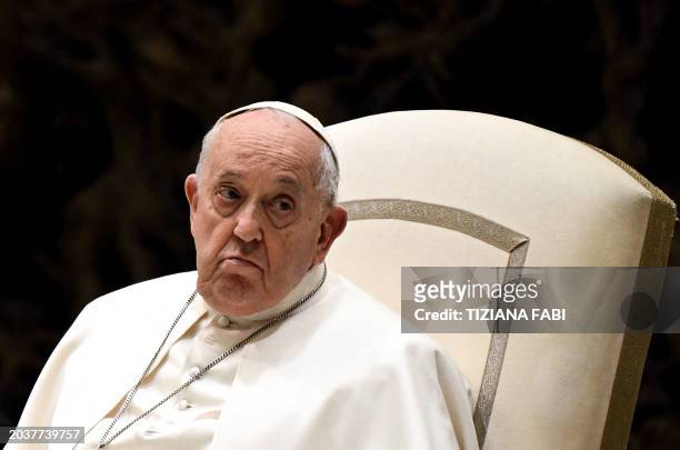 Pope Francis attends the weekly general audience on February 28, 2024 at Paul-VI hall in The Vatican.