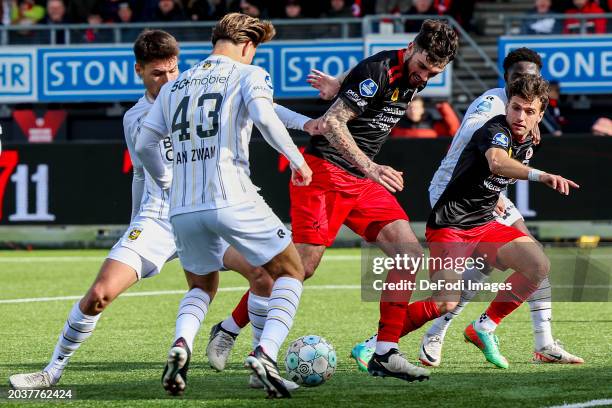 Giovanni van Zwam of Vitesse Arnhem and Troy Parrott of SBV Excelsior battle for the ball during the Dutch Eredivisie match between Excelsior...