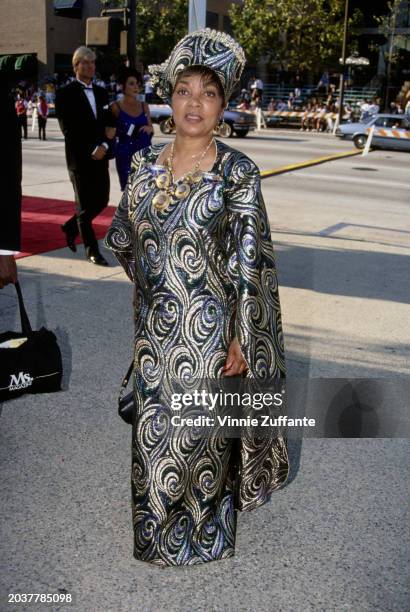 American actress Ruby Dee, wearing a patterned evening gown and matching hat, attends the 45th Primetime Emmy Awards, held at the Pasadena Civic...