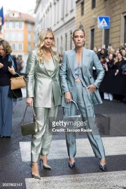 Lady Amelia Spencer and Lady Eliza Spencer attend the Giorgio Armani fashion show during the Milan Fashion Week Womenswear Fall/Winter 2024-2025 on...