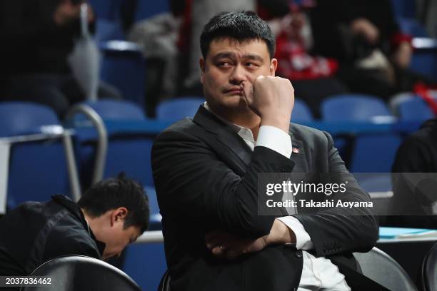 Former NBA player / President of Chinese Basketball Association Yao Ming looks on prior to the FIBA Basketball Asia Cup qualifier Group C game...