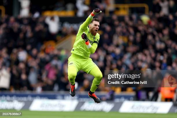 Jose Sa of Wolverhampton Wanderers celebrates after Pablo Sarabia of Wolverhampton Wanderers scores his team's first goal during the Premier League...