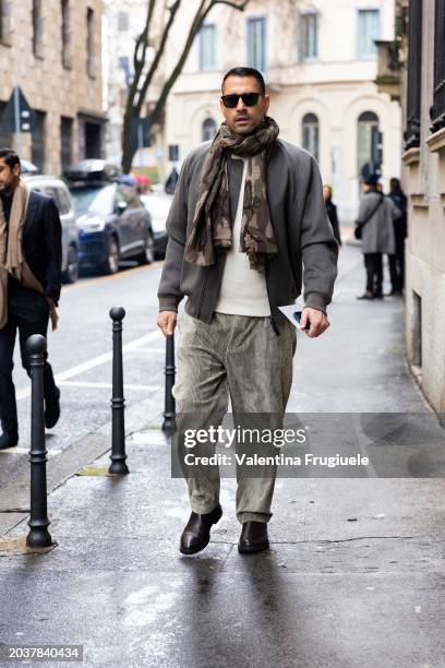Marco Borriello is seen wearing outside Giorgio Armani show during the Milan Fashion Week - Womenswear Fall/Winter 2024-2025 on February 25, 2024 in...