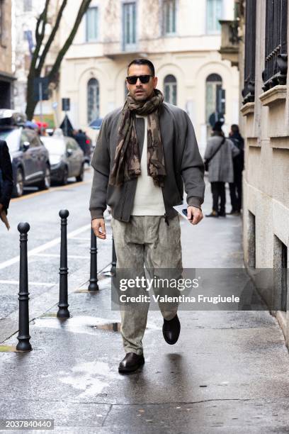 Marco Borriello is seen wearing outside Giorgio Armani show during the Milan Fashion Week - Womenswear Fall/Winter 2024-2025 on February 25, 2024 in...