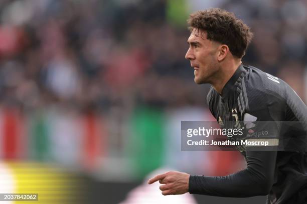Dusan Vlahovic of Juventus recats after team mate Daniele Rugani scored to give the side a 3-2 lead in the 90th minute of the Serie A TIM match...