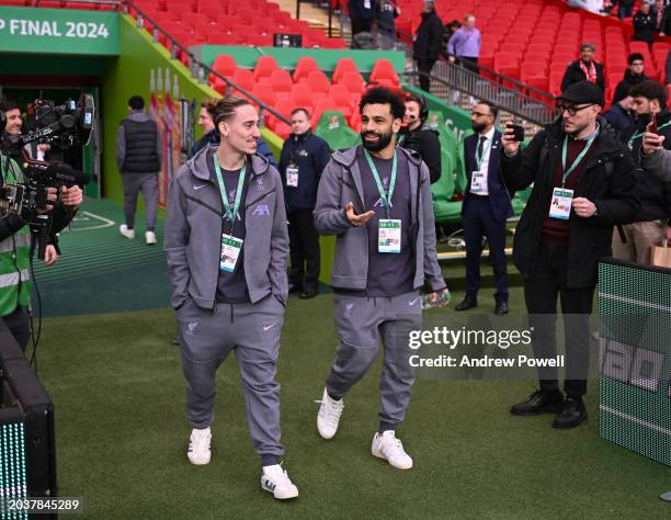 Mohamed Salah and Kostas Tsimikas of Liverpool before the Carabao Cup Semi Final Second Leg match between Chelsea and Liverpool at Wembley Stadium on...