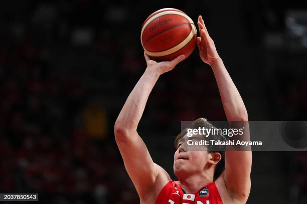 Soichiro Inoue of Japan shoots a free throw during the FIBA Basketball Asia Cup qualifier Group C game between Japan and China at Ariake Coliseum on...