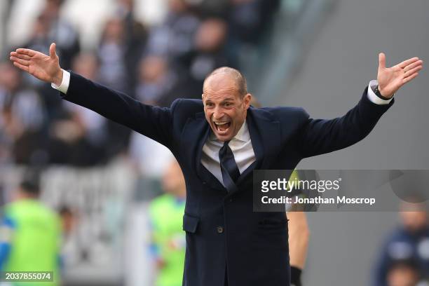 Massimiliano Allegri Head coach of Juventus reacts during the Serie A TIM match between Juventus and Frosinone Calcio at on February 25, 2024 in...