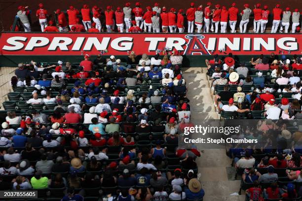 General view of the Los Angeles Angels dugout during a spring training exhibition against the Los Angeles Dodgers at the Peoria Sports Complex on...