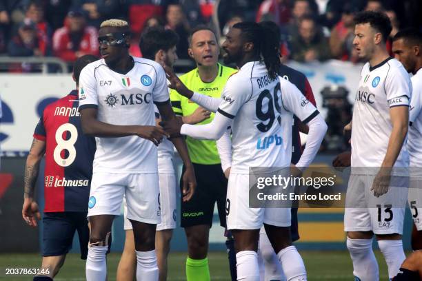 Victor Osimhen of Napoli reacts during the Serie A TIM match between Cagliari and SSC Napoli at Sardegna Arena on February 25, 2024 in Cagliari,...