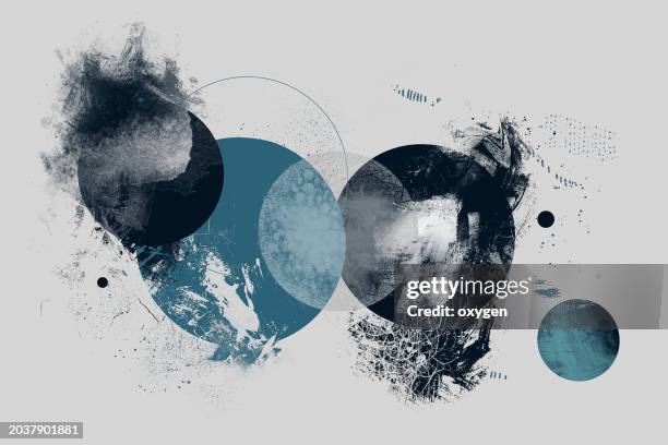 abstract geimetric shapes. black and blue circles with spray brush strokes illustration on gray background - abstract texture stock pictures, royalty-free photos & images