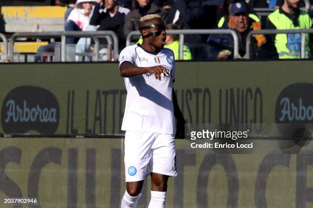 Victor Osimhen of Napoli reacts during the Serie A TIM match between Cagliari and SSC Napoli at Sardegna Arena on February 25, 2024 in Cagliari,...