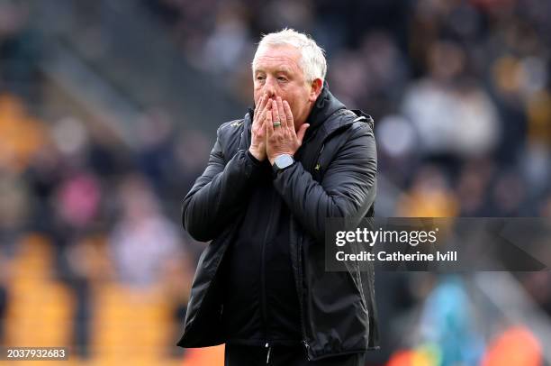 Chris Wilder, Manager of Sheffield United, reacts at full-time following the team's defeat in the Premier League match between Wolverhampton...