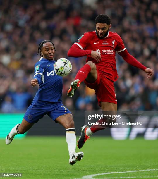 Raheem Sterling of Chelsea is challenged by Joe Gomez of Liverpool during the Carabao Cup Final match between Chelsea and Liverpool at Wembley...