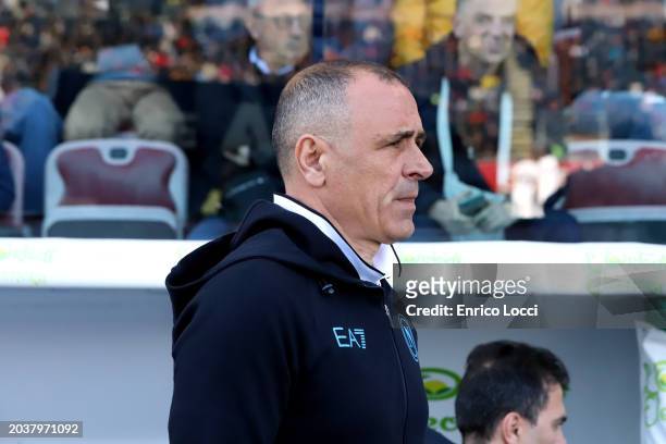 Coach of Napoli Francesco Calzona looks on during the Serie A TIM match between Cagliari and SSC Napoli at Sardegna Arena on February 25, 2024 in...