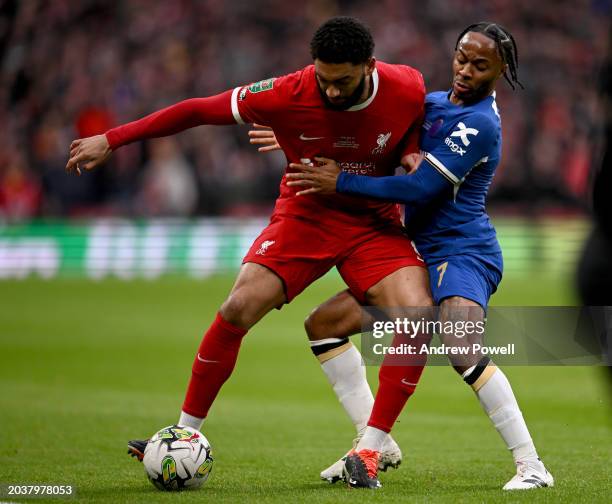 Joe Gomez of Liverpool competing with Raheem Sterling of Chelsea during the Carabao Cup Final between Chelsea and Liverpool at Wembley Stadium on...