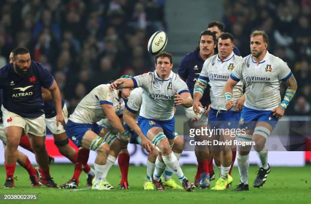 Michele Lamaro of Italy looks to catch the ball during the Guinness Six Nations 2024 match between France and Italy at Stade Pierre Mauroy on...