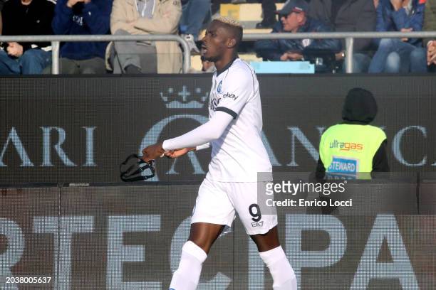 Victor Osimhen of Napoli celebrates his goal 0-1 during the Serie A TIM match between Cagliari and SSC Napoli at Sardegna Arena on February 25, 2024...