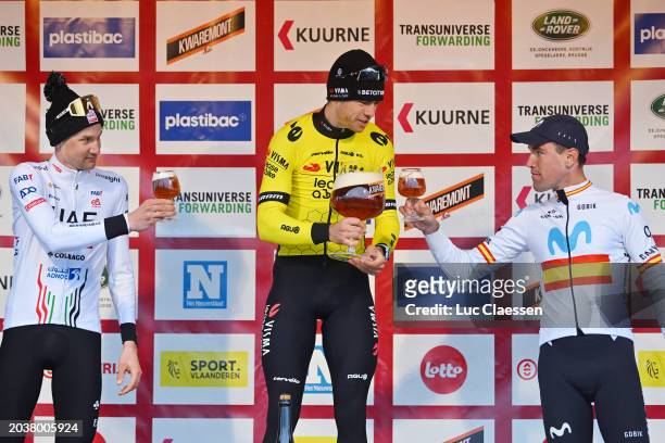 Oier Lazkano Lopez of Spain and Movistar Team on second place, race winner Wout Van Aert of Belgium and Team Visma | Lease A Bike and Tim Wellens of...