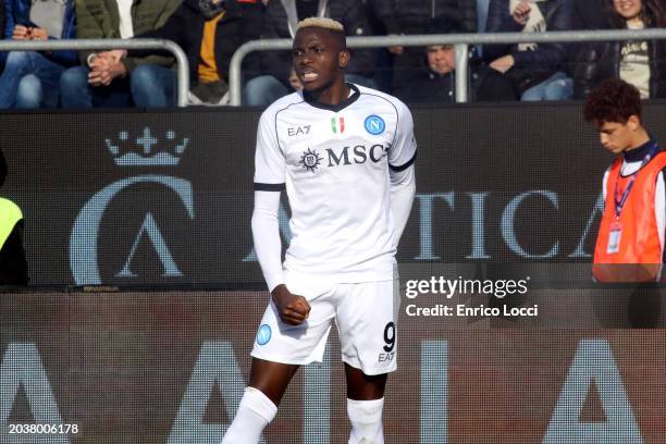 Victor Osimhen of Napoli celebrates his goal 0-1 during the Serie A TIM match between Cagliari and SSC Napoli at Sardegna Arena on February 25, 2024...