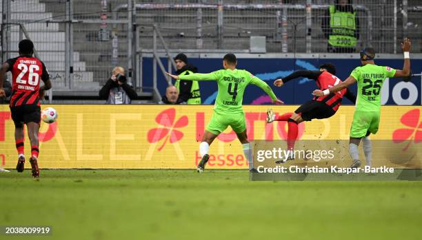 Omar Marmoush of Eintracht Frankfurt scores his team's second goal during the Bundesliga match between Eintracht Frankfurt and VfL Wolfsburg at...