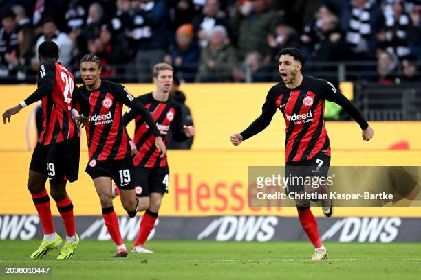 Omar Marmoush of Eintracht Frankfurt celebrates scoring his team's second goal during the Bundesliga match between Eintracht Frankfurt and VfL...
