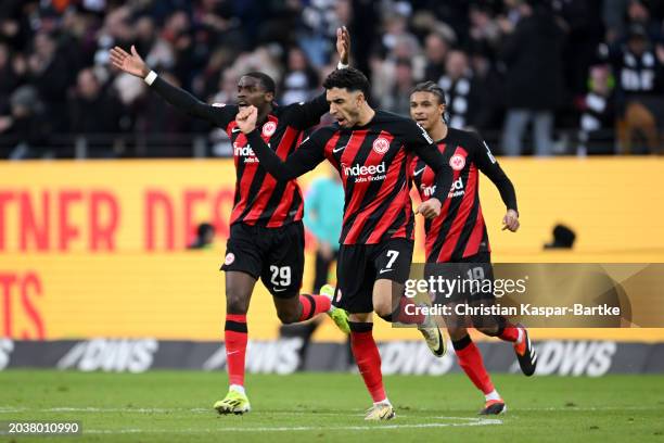 Omar Marmoush of Eintracht Frankfurt celebrates scoring his team's second goal during the Bundesliga match between Eintracht Frankfurt and VfL...