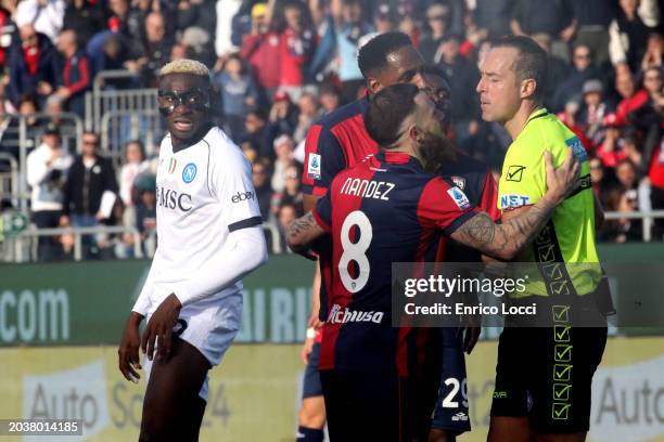 Nahitan Nandez of Cagliari racts during the Serie A TIM match between Cagliari and SSC Napoli at Sardegna Arena on February 25, 2024 in Cagliari,...