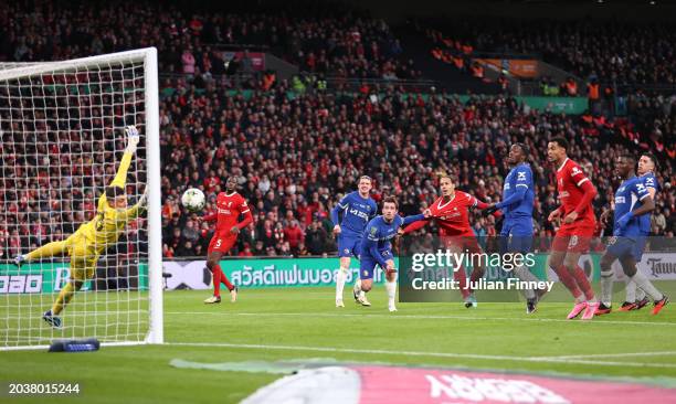 Virgil van Dijk of Liverpool scores a goal which is later disallowed by VAR for offside during the Carabao Cup Final match between Chelsea and...