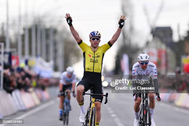 Wout Van Aert of Belgium and Team Visma | Lease A Bike celebrates at finish line as race winner ahead of Tim Wellens of Belgium and UAE Team Emirates...