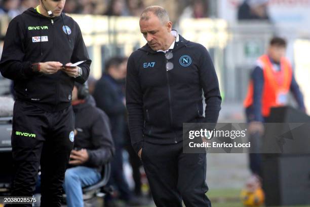 The coach of Napoli Francesco Calzona looks on during the Serie A TIM match between Cagliari and SSC Napoli at Sardegna Arena on February 25, 2024 in...