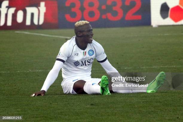 Victor Osimhen of Napoli reacts during the Serie A TIM match between Cagliari and SSC Napoli at Sardegna Arena on February 25, 2024 in Cagliari,...