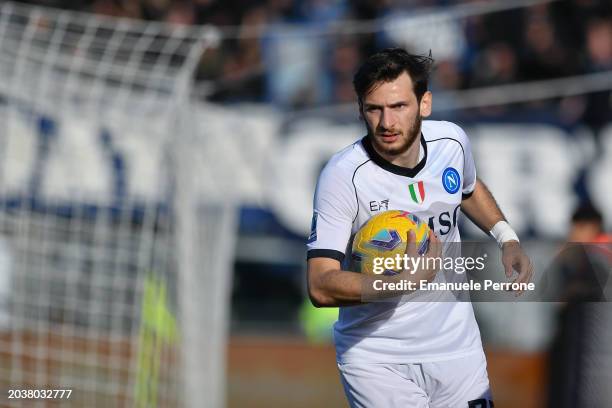 Khvicha Kvaratskhelia of SSC Napoli in action during the Serie A TIM match between Cagliari and SSC Napoli at Sardegna Arena on February 25, 2024 in...