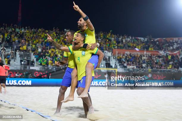 Rodrigo of Brazil celebrates after scoring goal with Bruno Xavier of Brazil during the FIFA Beach Soccer World Cup UAE 2024 Final match between...