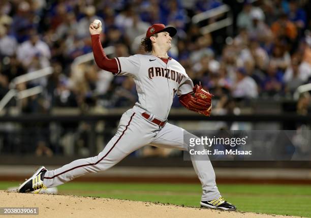 Ryne Nelson of the Arizona Diamondbacks in action against the New York Mets at Citi Field on September 12, 2023 in New York City. The Mets defeated...