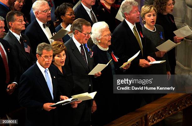 President George W. Bush and wife Laura Bush, President George Bush and wife Barbara, Presdient Bill Clinton, his wife, New York Senator Hillary...