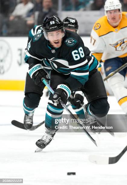 Mike Hoffman of the San Jose Sharks skates against the Nashville Predators during the second period of an NHL hockey game at SAP Center on February...