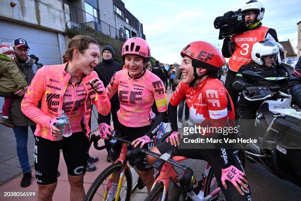 Race winner Kristen Faulkner of The United States, Letizia Borghesi of Italy and Alison Jackson of Canada and Team EF Education-Cannondale react...