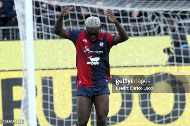 Zito Luvumbo of Cagliari celebrates his goal 1-1 during the Serie A TIM match between Cagliari and SSC Napoli at Sardegna Arena on February 25, 2024...