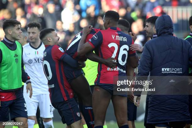 Zito Luvumbo of Cagliari celebrates his goal 1-1 with the team mates during the Serie A TIM match between Cagliari and SSC Napoli at Sardegna Arena...