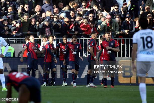 Zito Luvumbo of Cagliari celebrates his goal 1-1 with the team mates during the Serie A TIM match between Cagliari and SSC Napoli at Sardegna Arena...