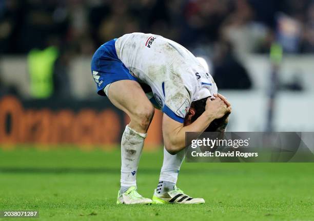 Paolo Garbisi of Italy looks dejected as he reacts after missing a conversion attempt for a penalty kick, which was last kick of the match, and as a...