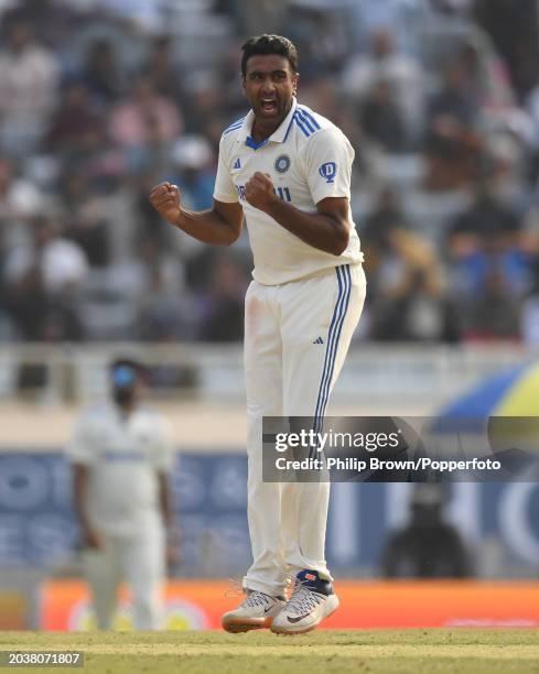 Ravichandran Ashwin of India reacts during day three of the 4th Test Match between India and England at JSCA International Stadium Complex on...